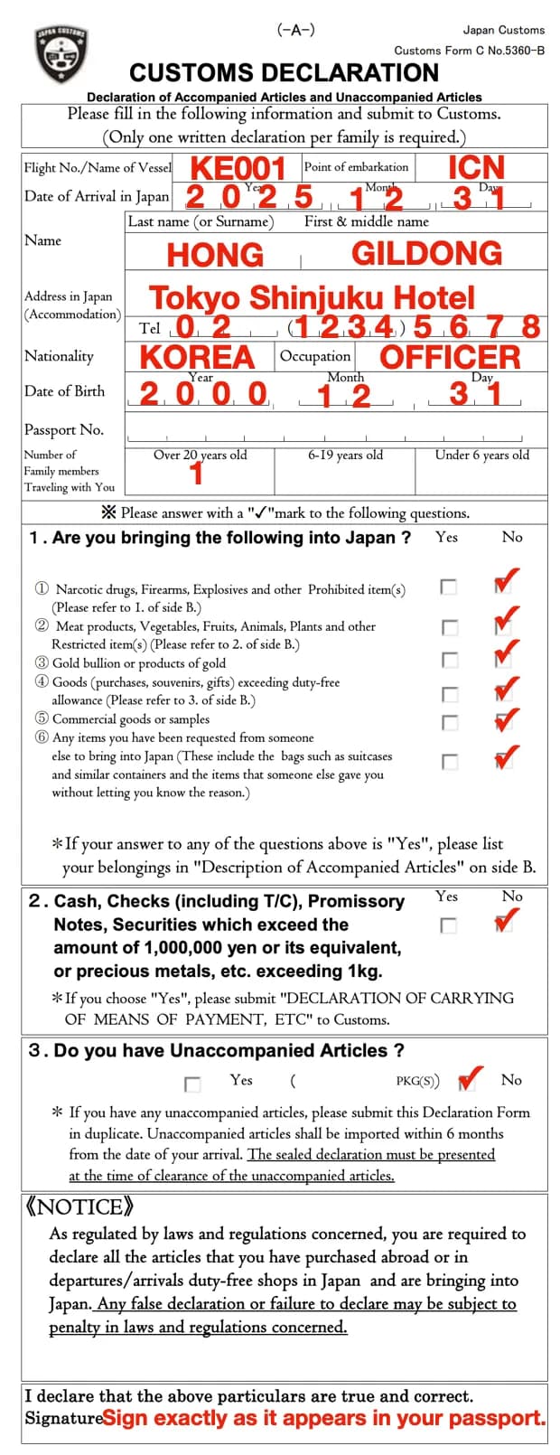 Example of filling out Japan customs declaration