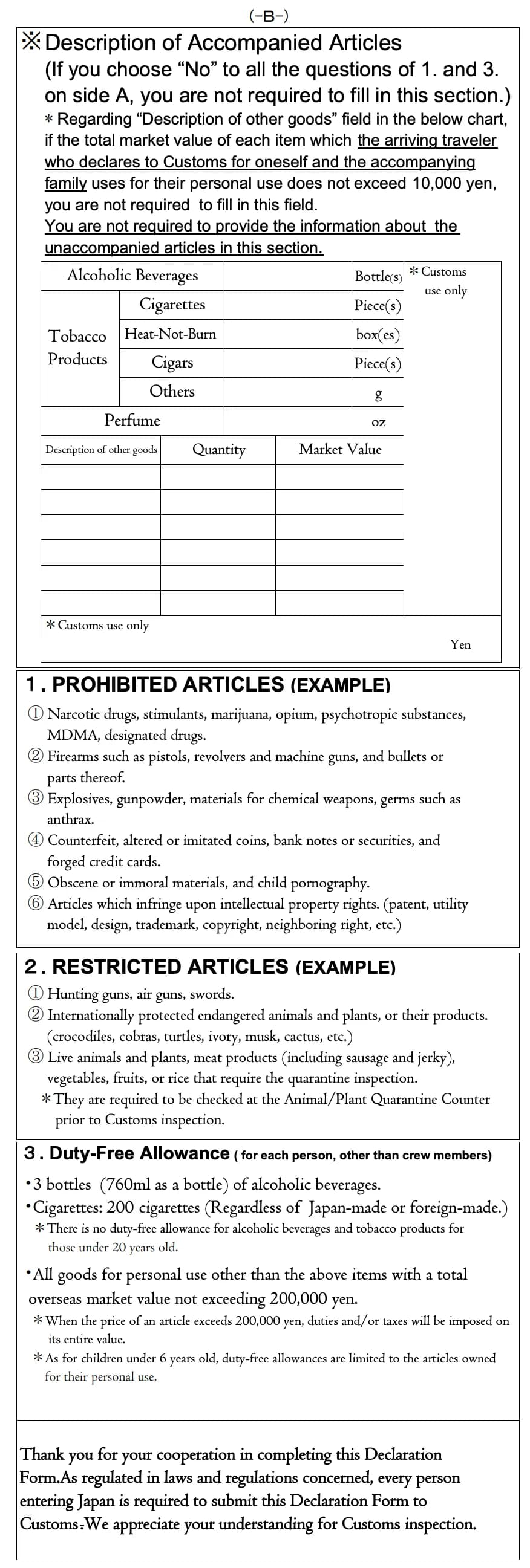 Example of filling out Japan customs declaration